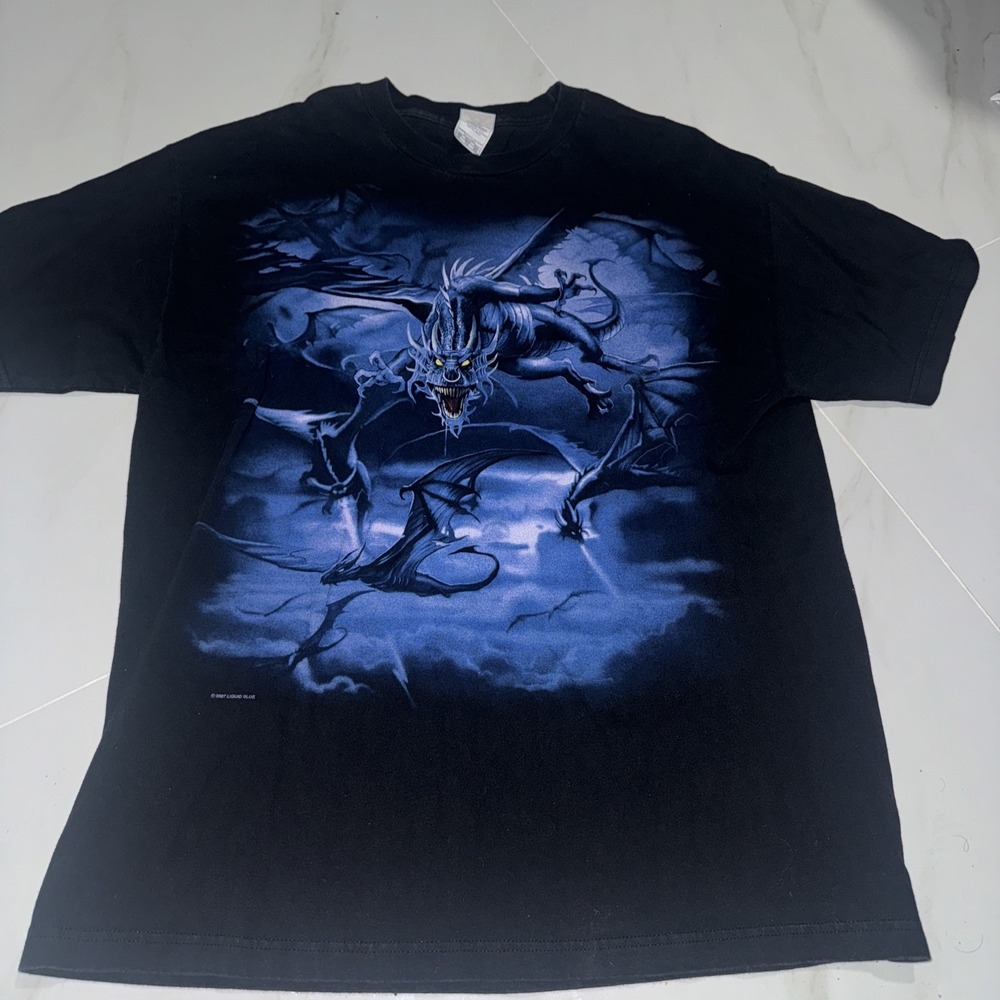 VTG Y2k Liquid Blue Shirt Mens XL Black Purple Dragon Short Sleeve Crewneck